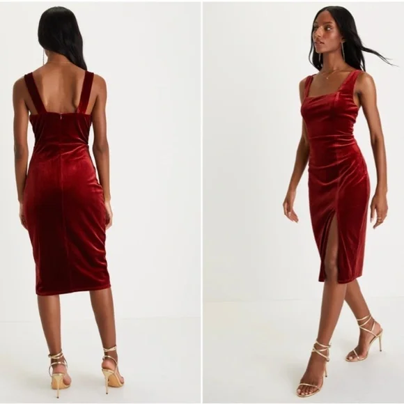 LULUS Sexy Prom Wedding Holiday Elegant Chic Shimmer Velvet Cocktail Midi - Picture 4 of 5